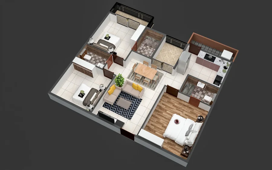 2 BHK Plan 01 illustrative 3D layout