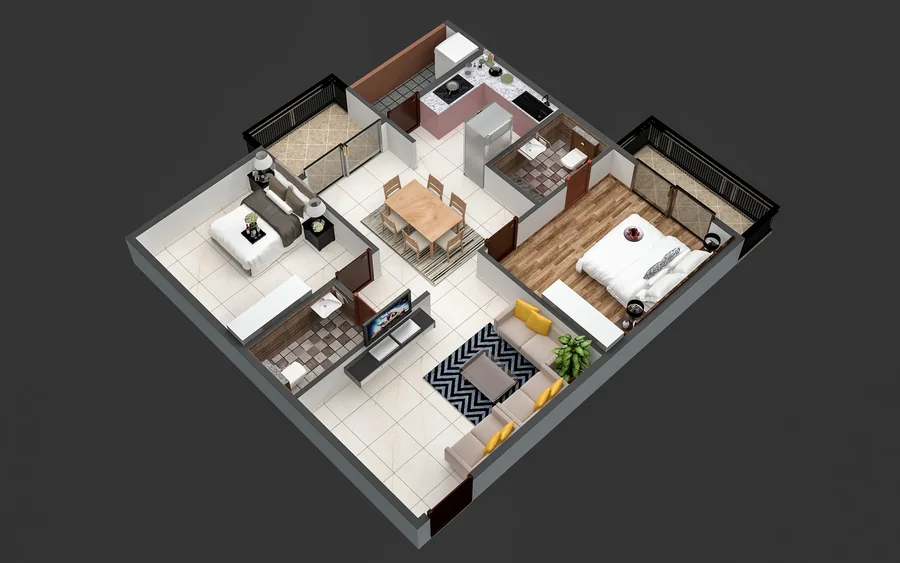 2 BHK Plan 02 illustrative 3D layout