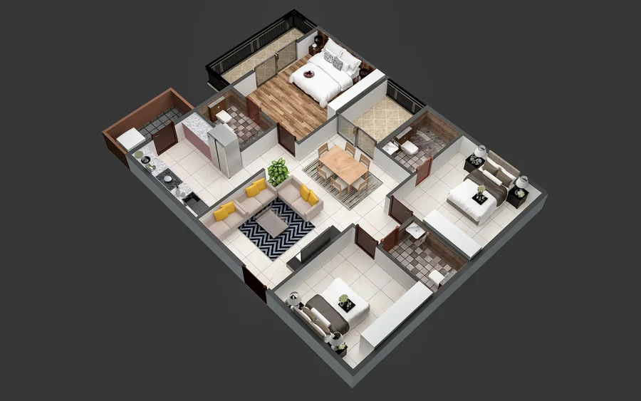 3 BHK Plan 01 illustrative 3D layout