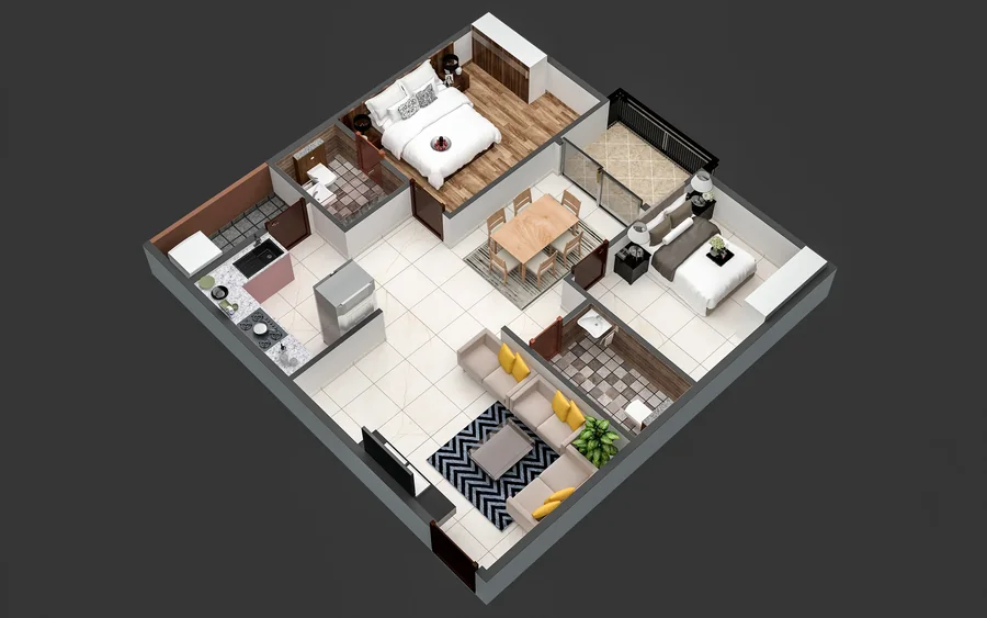 3 BHK Plan 02 illustrative 3D layout
