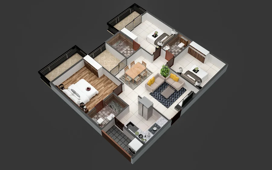 3 BHK Plan 03 illustrative 3D layout